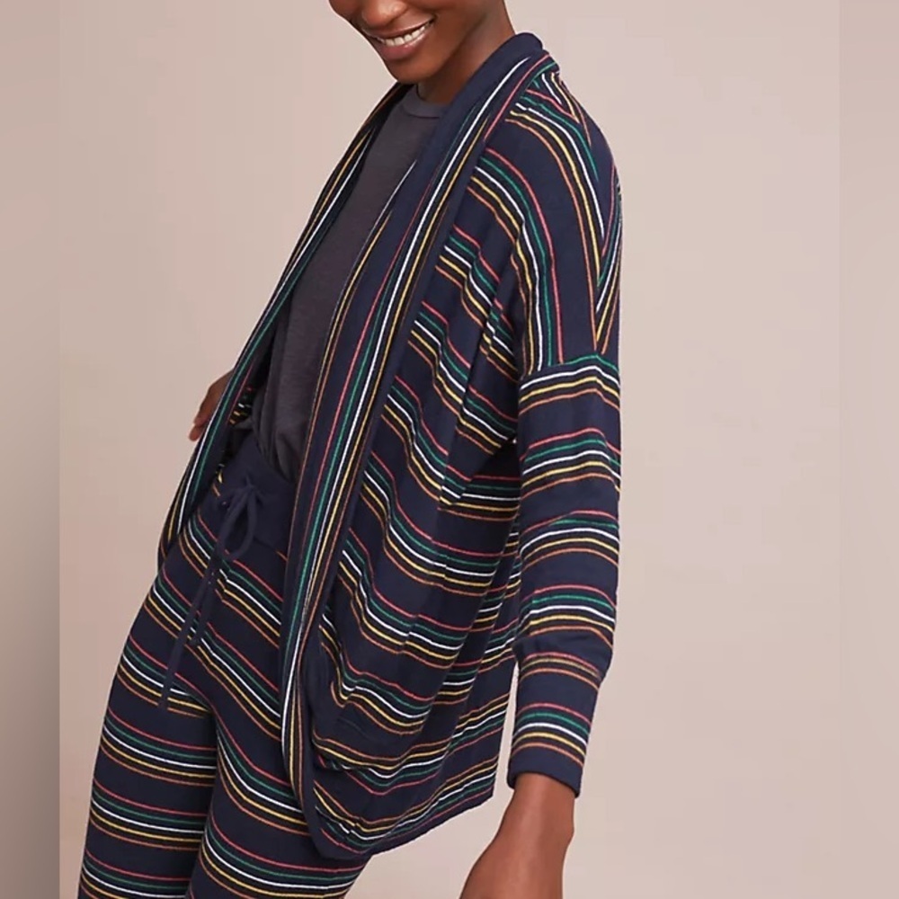 Anthropologie Sundry Navy Blue Multi Striped Open Front Knit Cardigan One Size